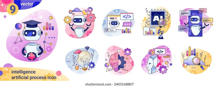 Engineering of AI technologies for work and business. Vector artificial intelligence process, robot and neurology systems, working with language and thinking, cognition and learning skills