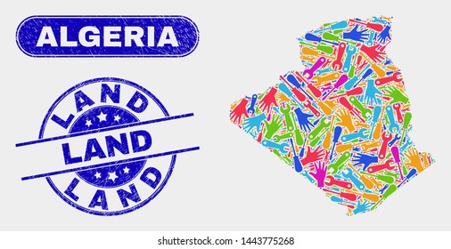 Engineering Algeria map and blue Land textured stamp. Bright vector Algeria map mosaic of mechanic elements. Blue rounded Land stamp.
