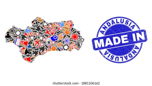 Ingeniería Andalucía mosaico cartográfico y MADE IN marca de agua rayada. Mosaico cartográfico de la provincia de Andalucía diseñado a partir de spanners, cogs, destornilladores, artículos, transportes, golpes de potencia, cohetes.