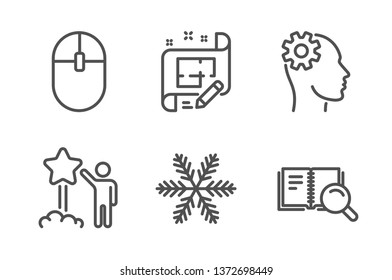 Engineering, Architect plan and Computer mouse icons simple set. Star, Snowflake and Search book signs. Cogwheel head, Engineering plan. Technology set. Line engineering icon. Editable stroke. Vector