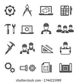 Engineering, architecting black icons set isolated on white. Project management, construction tools, workers pictograms collection, logos. Repairing equipment vector elements for infographic, web.