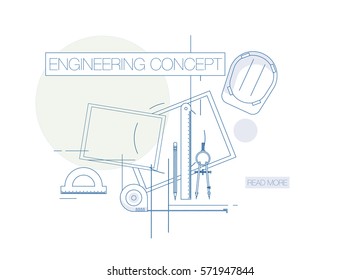 Engineering and architecture design. Flat style. Engineering workplace with tools. Technical drawing Industrial architecture.