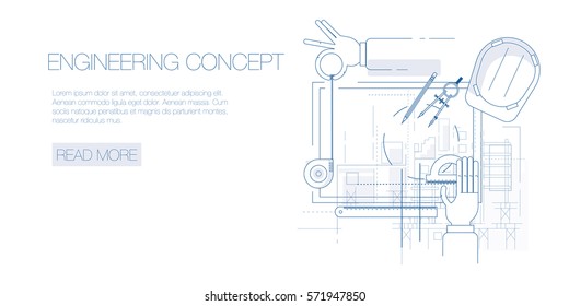 Engineering and architecture design. Flat style. Engineering workplace with tools. Technical drawing Industrial architecture.