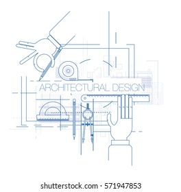 Engineering and architecture design. Flat style. Engineering workplace with tools. Technical drawing Industrial architecture.