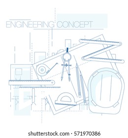 Engineering And Architecture Design. Flat Style. Engineering Workplace With Tools. Technical Drawing Industrial Architecture.