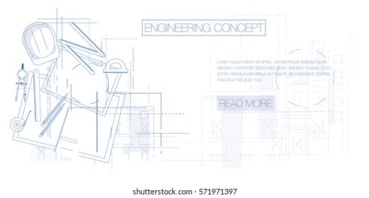 Engineering And Architecture Design. Flat Style. Engineering Workplace With Tools. Technical Drawing Industrial Architecture.