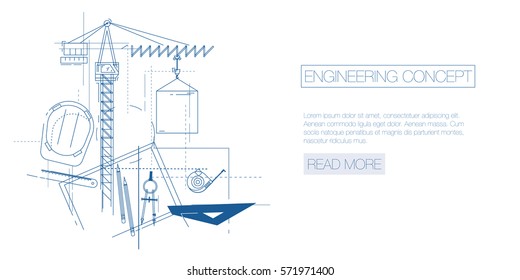 Engineering And Architecture Design. Flat Style. Engineering Workplace With Tools. Technical Drawing Industrial Architecture.