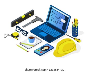 Engineering and architecture design.Flat isometric style. Drawing,mechanical engineering. Laptop, helmet and tools .Engineering workplace.Industrial architecture