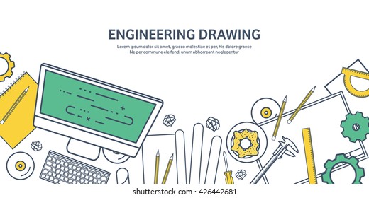 Engineering and architecture design.Flat outline style.Stroke,lines.Drawing,mechanical engineering.Building construction,trends in design or architecture.Engineering workplace.Industrial architecture.