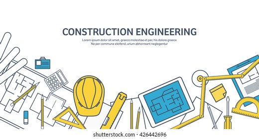 Engineering and architecture design.Flat outline style.Stroke,lines.Drawing,mechanical engineering.Building construction,trends in design or architecture.Engineering workplace.Industrial architecture.