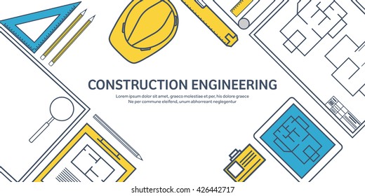 Engineering and architecture design.Flat outline style.Stroke,lines.Drawing,mechanical engineering.Building construction,trends in design or architecture.Engineering workplace.Industrial architecture.