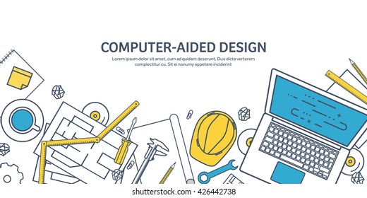 Engineering and architecture design.Flat outline style.Stroke,lines.Drawing,mechanical engineering.Building construction,trends in design or architecture.Engineering workplace.Industrial architecture.