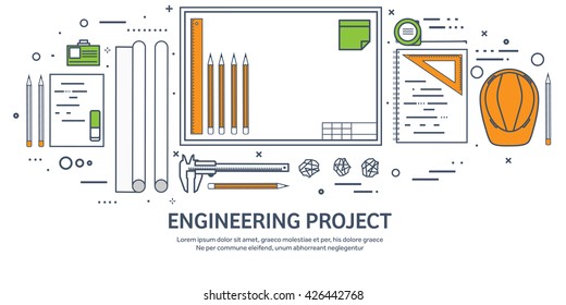Engineering and architecture design.Flat outline style.Stroke,lines.Drawing,mechanical engineering.Building construction,trends in design or architecture.Engineering workplace.Industrial architecture.