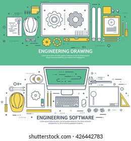 Engineering and architecture design.Flat outline style.Stroke,lines.Drawing,mechanical engineering.Building construction,trends in design or architecture.Engineering workplace.Industrial architecture.