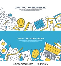 Engineering and architecture design.Flat outline style.Stroke,lines.Drawing,mechanical engineering.Building construction,trends in design or architecture.Engineering workplace.Industrial architecture.