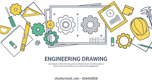 Engineering and architecture design.Flat outline style.Stroke,lines.Drawing,mechanical engineering.Building construction,trends in design or architecture.Engineering workplace.Industrial architecture.