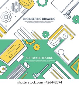 Engineering and architecture design.Flat outline style.Stroke,lines.Drawing,mechanical engineering.Building construction,trends in design or architecture.Engineering workplace.Industrial architecture.