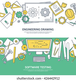 Engineering and architecture design.Flat outline style.Stroke,lines.Drawing,mechanical engineering.Building construction,trends in design or architecture.Engineering workplace.Industrial architecture.