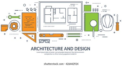 Engineering and architecture design.Flat outline style.Stroke,lines.Drawing,mechanical engineering.Building construction,trends in design or architecture.Engineering workplace.Industrial architecture.