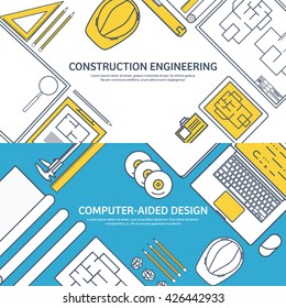 Engineering and architecture design.Flat outline style.Stroke,lines.Drawing,mechanical engineering.Building construction,trends in design or architecture.Engineering workplace.Industrial architecture.