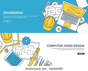 Engineering and architecture design.Flat outline style.Stroke,lines.Drawing,mechanical engineering.Building construction,trends in design or architecture.Engineering workplace.Industrial architecture.