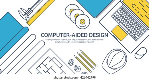 Engineering and architecture design.Flat outline style.Stroke,lines.Drawing,mechanical engineering.Building construction,trends in design or architecture.Engineering workplace.Industrial architecture.