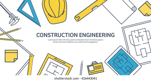Engineering and architecture design.Flat outline style.Stroke,lines.Drawing,mechanical engineering.Building construction,trends in design or architecture.Engineering workplace.Industrial architecture.