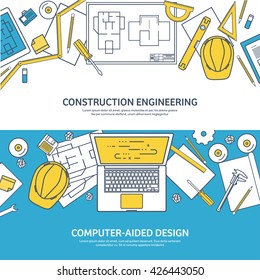 Engineering and architecture design.Flat outline style.Stroke,lines.Drawing,mechanical engineering.Building construction,trends in design or architecture.Engineering workplace.Industrial architecture.