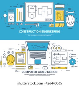 Engineering and architecture design.Flat outline style.Stroke,lines.Drawing,mechanical engineering.Building construction,trends in design or architecture.Engineering workplace.Industrial architecture.