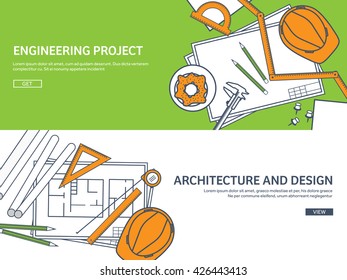 Engineering and architecture design.Flat outline style.Stroke,lines.Drawing,mechanical engineering.Building construction,trends in design or architecture.Engineering workplace.Industrial architecture.