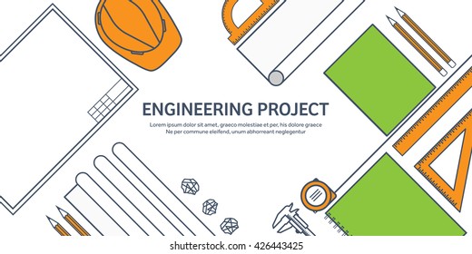 Engineering and architecture design.Flat outline style.Stroke,lines.Drawing,mechanical engineering.Building construction,trends in design or architecture.Engineering workplace.Industrial architecture.