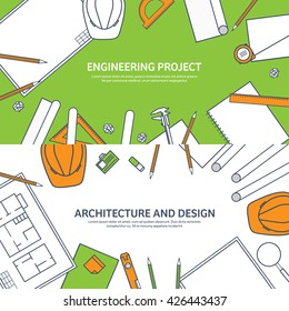 Engineering and architecture design.Flat outline style.Stroke,lines.Drawing,mechanical engineering.Building construction,trends in design or architecture.Engineering workplace.Industrial architecture.