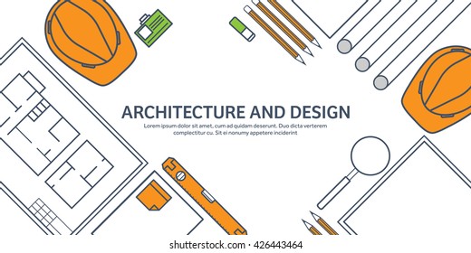 Engineering and architecture design.Flat outline style.Stroke,lines.Drawing,mechanical engineering.Building construction,trends in design or architecture.Engineering workplace.Industrial architecture.