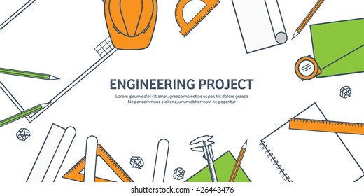 Engineering and architecture design.Flat outline style.Stroke,lines.Drawing,mechanical engineering.Building construction,trends in design or architecture.Engineering workplace.Industrial architecture.