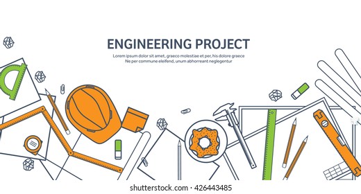 Engineering and architecture design.Flat outline style.Stroke,lines.Drawing,mechanical engineering.Building construction,trends in design or architecture.Engineering workplace.Industrial architecture.