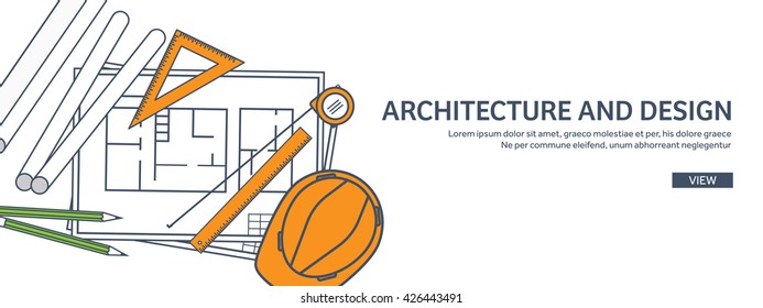 Engineering and architecture design.Flat outline style.Stroke,lines.Drawing,mechanical engineering.Building construction,trends in design or architecture.Engineering workplace.Industrial architecture.