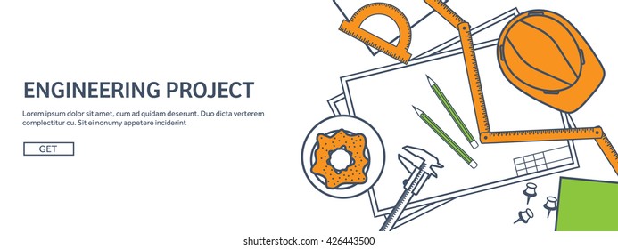 Engineering and architecture design.Flat outline style.Stroke,lines.Drawing,mechanical engineering.Building construction,trends in design or architecture.Engineering workplace.Industrial architecture.