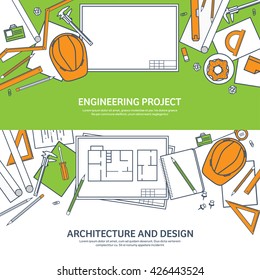 Engineering and architecture design.Flat outline style.Stroke,lines.Drawing,mechanical engineering.Building construction,trends in design or architecture.Engineering workplace.Industrial architecture.