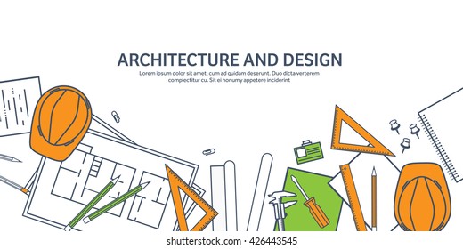 Engineering and architecture design.Flat outline style.Stroke,lines.Drawing,mechanical engineering.Building construction,trends in design or architecture.Engineering workplace.Industrial architecture.
