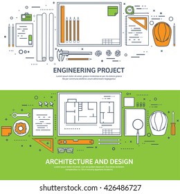 Engineering and architecture design.Flat outline style.Stroke,lines.Drawing,mechanical engineering.Building construction,trends in design or architecture.Engineering workplace.Industrial architecture.
