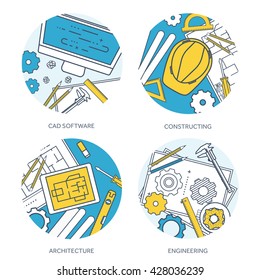 Engineering and architecture design.Flat outline style.Stroke,lines.Drawing,mechanical engineering.Building construction,trends in design or architecture.Engineering workplace.Industrial architecture.