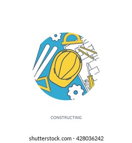 Engineering and architecture design.Flat outline style.Stroke,lines.Drawing,mechanical engineering.Building construction,trends in design or architecture.Engineering workplace.Industrial architecture.