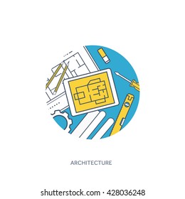 Engineering and architecture design.Flat outline style.Stroke,lines.Drawing,mechanical engineering.Building construction,trends in design or architecture.Engineering workplace.Industrial architecture.