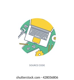 Engineering and architecture design.Flat outline style.Stroke,lines.Drawing,mechanical engineering.Building construction,trends in design or architecture.Engineering workplace.Industrial architecture.