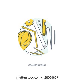Engineering and architecture design.Flat outline style.Stroke,lines.Drawing,mechanical engineering.Building construction,trends in design or architecture.Engineering workplace.Industrial architecture.