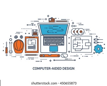 Engineering and architecture design.Flat outline style.Stroke,lines.Drawing,mechanical engineering.Building construction,trends in design or architecture.Engineering workplace.Industrial architecture.