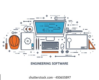 Engineering and architecture design.Flat outline style.Stroke,lines.Drawing,mechanical engineering.Building construction,trends in design or architecture.Engineering workplace.Industrial architecture.