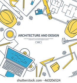 Engineering and architecture design.Flat outline style.Stroke,lines.Drawing,mechanical engineering.Building construction,trends in design or architecture.Engineering workplace.Industrial architecture.
