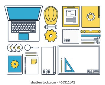 Engineering and architecture design.Flat outline style.Stroke,lines.Drawing,mechanical engineering.Building construction,trends in design or architecture.Engineering workplace.Industrial architecture.