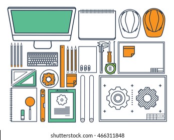 Engineering and architecture design.Flat outline style.Stroke,lines.Drawing,mechanical engineering.Building construction,trends in design or architecture.Engineering workplace.Industrial architecture.
